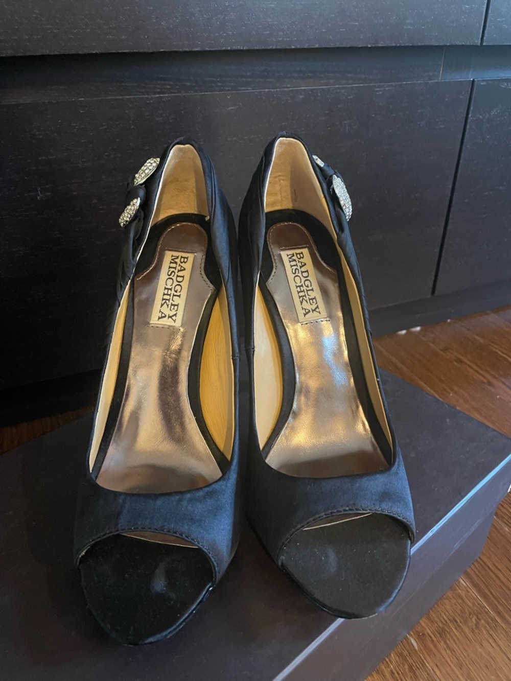 Badgley Mischka Black Satin Peep-Toe Heels with Crystal Accent